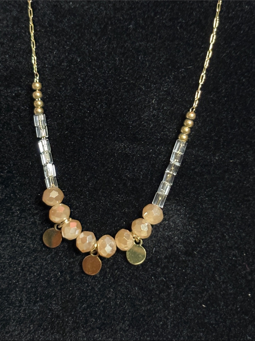 Plunder Gold and Beige Faceted Bead Necklace with Coin Charms